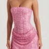 Ziya Verziertes, drapiertes, trägerloses A-Linien-Minikleid in Pink Ziya Verziertes, drapiertes, trägerloses A-Linien-Minikleid in Pink