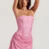 Ziya Verziertes, drapiertes, trägerloses A-Linien-Minikleid in Pink Ziya Verziertes, drapiertes, trägerloses A-Linien-Minikleid in Pink